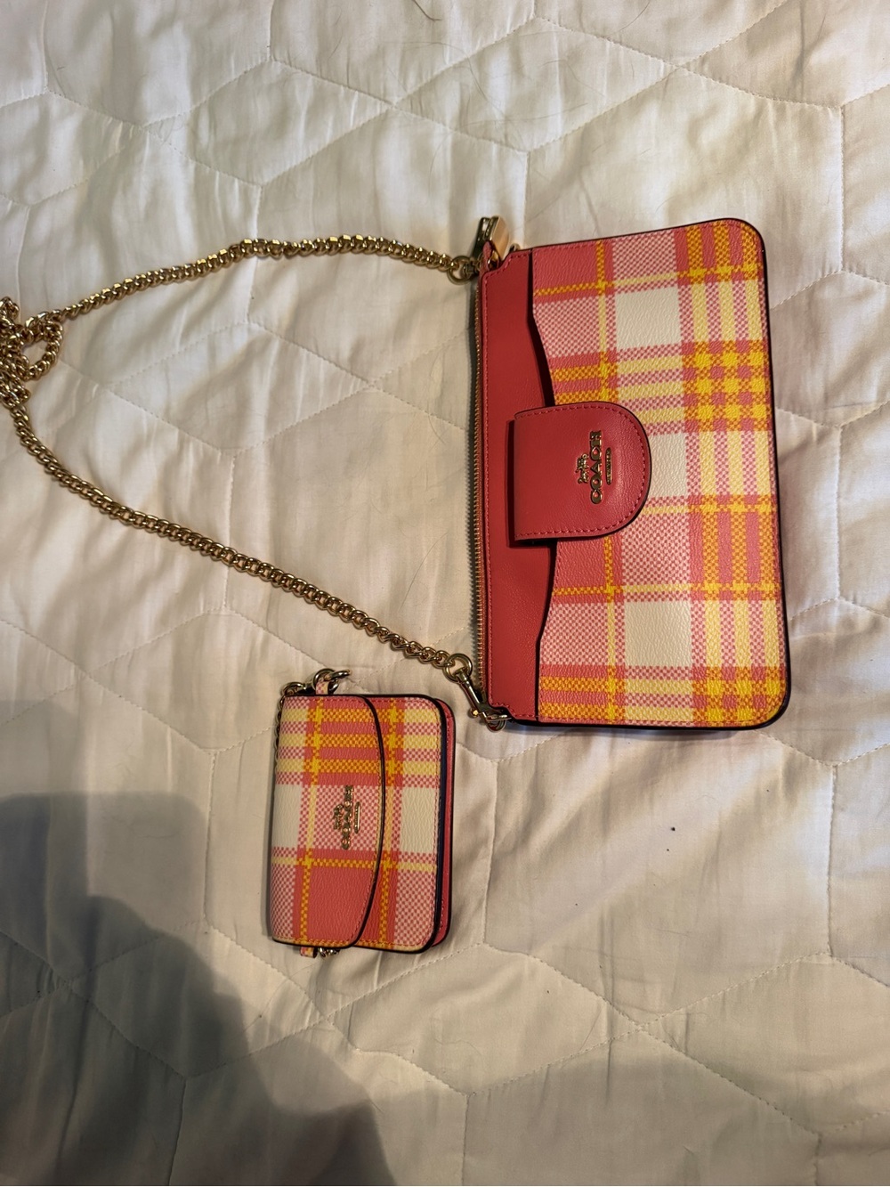 Coach Poppy Crossbody with Plaid Print Pink/Gold Multi with Waller
